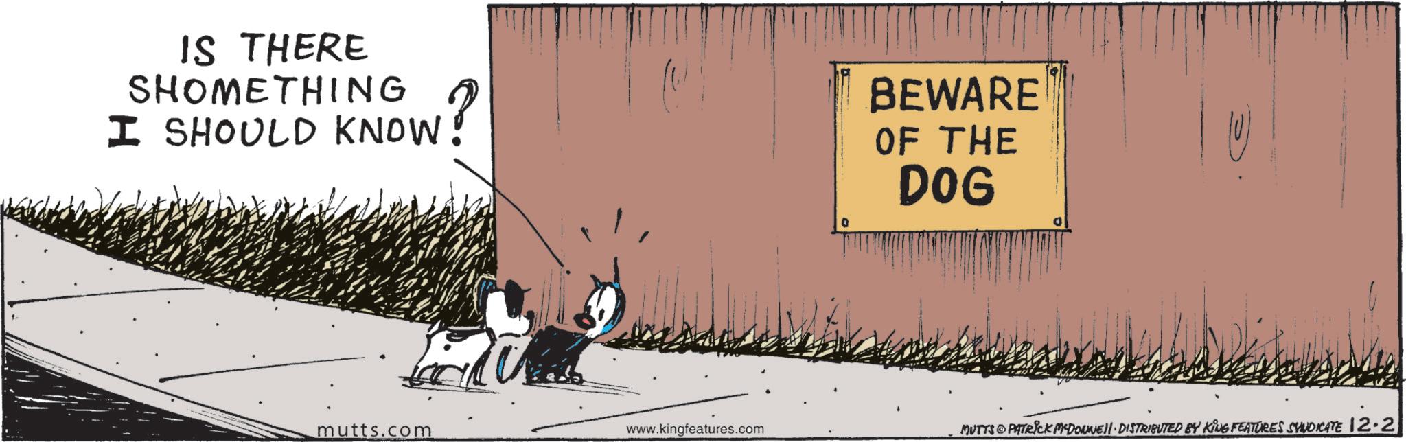 Adaptation OCR: IS THERE SHOMETHING N? I SHOULD KNOW BEWARE OF THE DOG mutts.com www.kingfeatures.com MUTTS PATRICK MCDONNELL DISTRIBUTED BY KING FEATURES SYNDICATE 12.2 IS THERE SHOMETHING N ? I SHOULD KNOW BEWARE OF THE DOG mutts.com www.kingfeatures.com MUTTS PATRICK MCDONNELL DISTRIBUTED BY KING FEATURES SYNDICATE 12.2