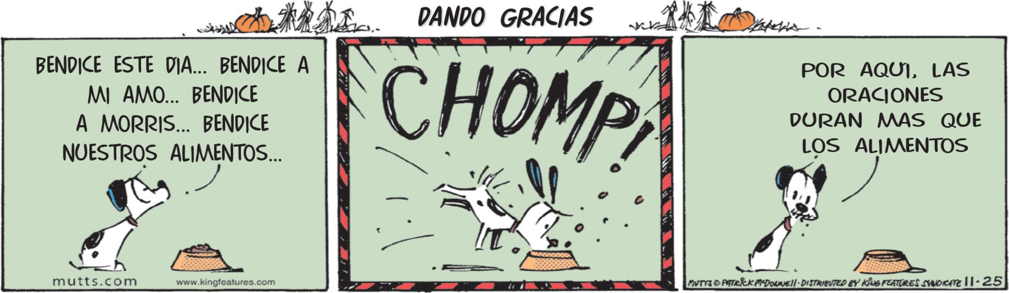 Drawing OCR: BENDICE ESTE DIA... BENDICE A MI AMO... BENDICE A MORRIS... BENDICE NUESTROS ALIMENTOS... DANDO GRACIAS CHOMP POR AQUILAS ORACIONES DURAN MAS QUE LOS ALIMENTOS mutts.com www.kingfeatures.com MUTTS PATRICK MADONNE!!· DISTRIBUTED BY KING FEATURES SYNDICATE 11·25 BENDICE ESTE DIA ... BENDICE A MI AMO ... BENDICE A MORRIS ... BENDICE NUESTROS ALIMENTOS ... DANDO GRACIAS CHOMP POR AQUILAS ORACIONES DURAN MAS QUE LOS ALIMENTOS mutts.com www.kingfeatures.com MUTTS PATRICK MADONNE !! · DISTRIBUTED BY KING FEATURES SYNDICATE 11 · 25
