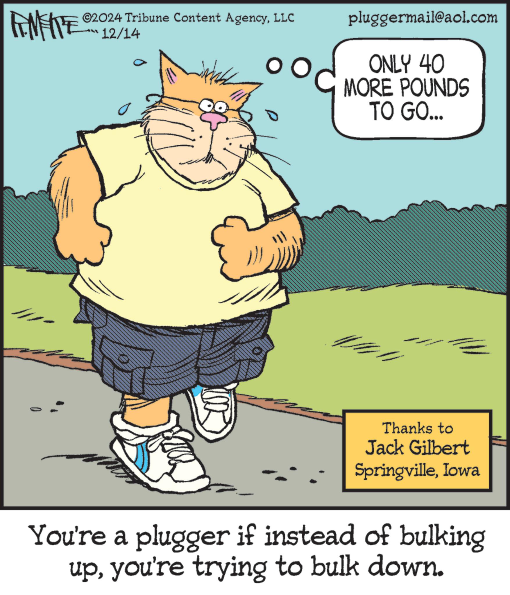 Art OCR: MEITE ©2024 Tribune Content AgencyLLC 12/14 pluggermail@aol.com ONLY 40 MORE POUNDS TO GO... Thanks to Jack Gilbert SpringvilleIowa You're a plugger if instead of bulking upyou're trying to bulk down. MEITE © 2024 Tribune Content AgencyLLC 12/14 pluggermail@aol.com ONLY 40 MORE POUNDS TO GO ... Thanks to Jack Gilbert SpringvilleIowa You're a plugger if instead of bulking upyou're trying to bulk down .