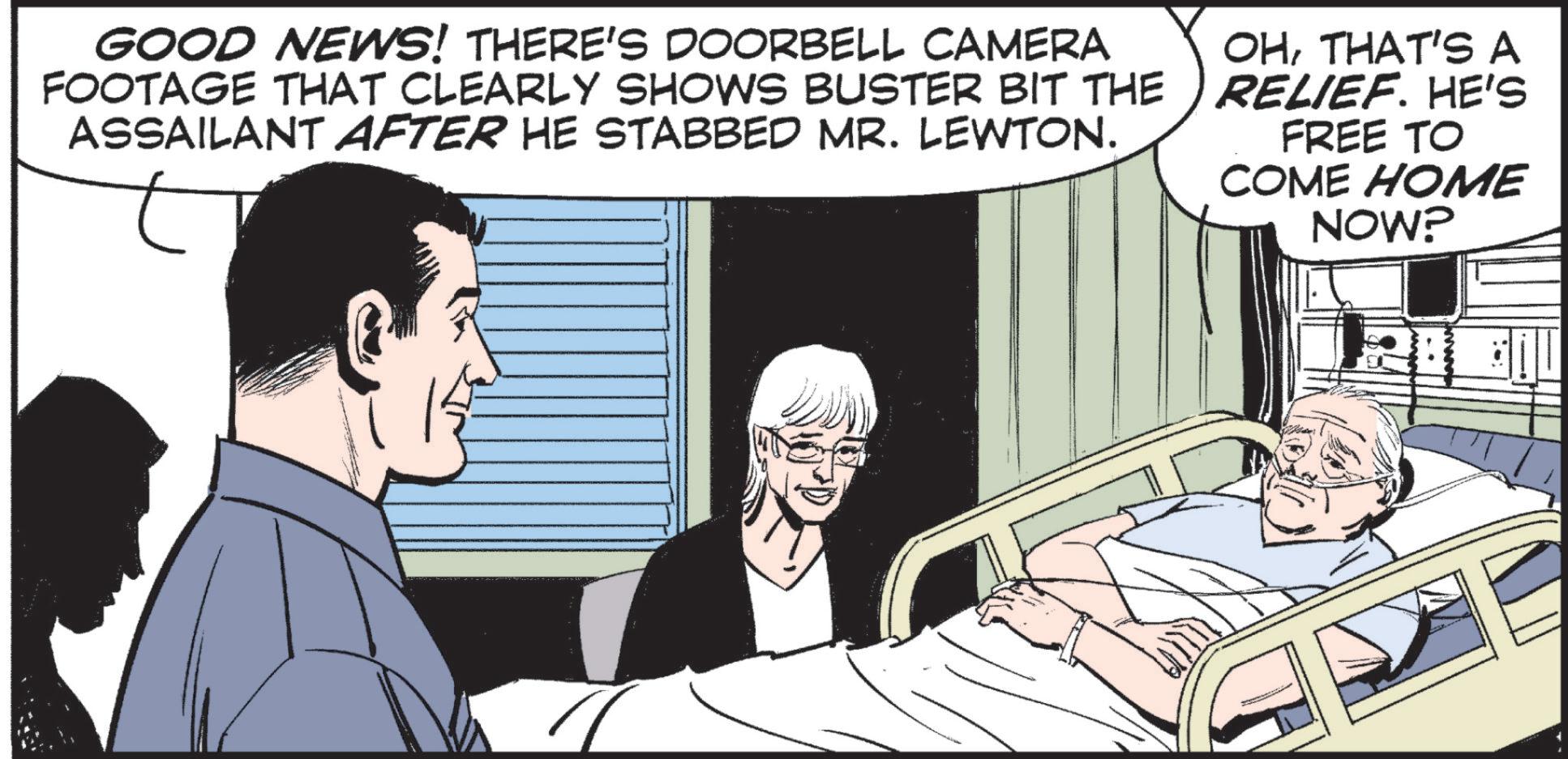Animation OCR: GOOD NEWS! THERE'S DOORBELL CAMERA FOOTAGE THAT CLEARLY SHOWS BUSTER BIT THE ASSAILANT AFTER HE STABBED MR. LEWTON. OHTHAT'S A RELIEF. HE'S FREE TO COME HOME NOW? GOOD NEWS ! THERE'S DOORBELL CAMERA FOOTAGE THAT CLEARLY SHOWS BUSTER BIT THE ASSAILANT AFTER HE STABBED MR . LEWTON . OHTHAT'S A RELIEF . HE'S FREE TO COME HOME NOW ?