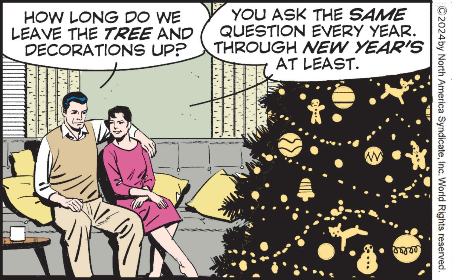 Christmas Eve OCR: HOW LONG DO WE LEAVE THE TREE AND DECORATIONS UP? YOU ASK THE SAME QUESTION EVERY YEAR. THROUGH NEW YEAR'S AT LEAST. W 2024 by North America SyndicateInc. World Rights reserved. 00000 HOW LONG DO WE LEAVE THE TREE AND DECORATIONS UP ? YOU ASK THE SAME QUESTION EVERY YEAR . THROUGH NEW YEAR'S AT LEAST . W 2024 by North America SyndicateInc. World Rights reserved . 00000