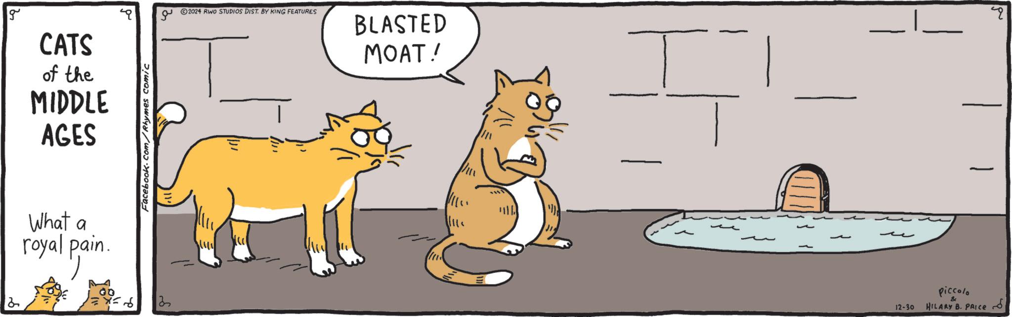 Graphics OCR: g CATS of the MIDDLE AGES What a royal pain. 2 ?? Facebook.com/Rhymes comic 13 2024 RWO STUDIOS DIST. BY KING FEATURES BLASTED MOAT! ? 12-30 piccolo HILARY B. PRICE g CATS of the MIDDLE AGES What a royal pain . 2 ?? Facebook.com/Rhymes comic 13 2024 RWO STUDIOS DIST . BY KING FEATURES BLASTED MOAT ! ? 12-30 piccolo HILARY B. PRICE