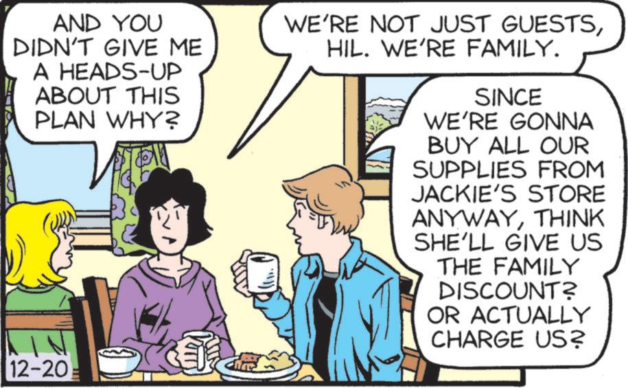 Fictional character OCR: AND YOU DIDN'T GIVE ME A HEADS-UP ABOUT THIS PLAN WHY? WE'RE NOT JUST GUESTSHIL. WE'RE FAMILY. SINCE WE'RE GONNA BUY ALL OUR SUPPLIES FROM JACKIE'S STORE ANYWAYTHINK SHE'LL GIVE US 12-20 THE FAMILY DISCOUNT? OR ACTUALLY CHARGE US? AND YOU DIDN'T GIVE ME A HEADS - UP ABOUT THIS PLAN WHY ? WE'RE NOT JUST GUESTSHIL . WE'RE FAMILY . SINCE WE'RE GONNA BUY ALL OUR SUPPLIES FROM JACKIE'S STORE ANYWAYTHINK SHE'LL GIVE US 12-20 THE FAMILY DISCOUNT ? OR ACTUALLY CHARGE US ?