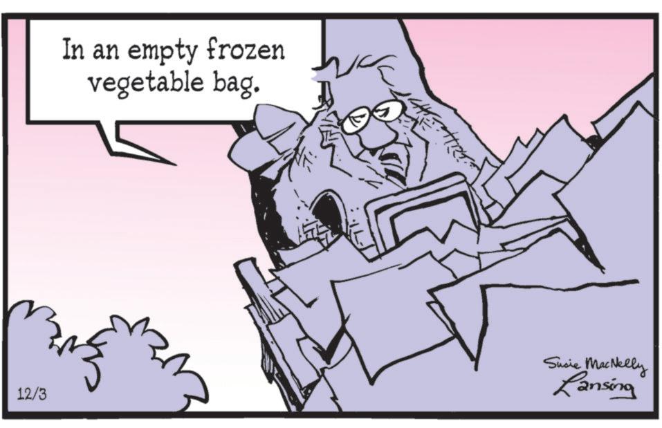 Adaptation OCR: In an empty frozen vegetable bag. 12/3 Susie MacNelly Lansing In an empty frozen vegetable bag . 12/3 Susie MacNelly Lansing