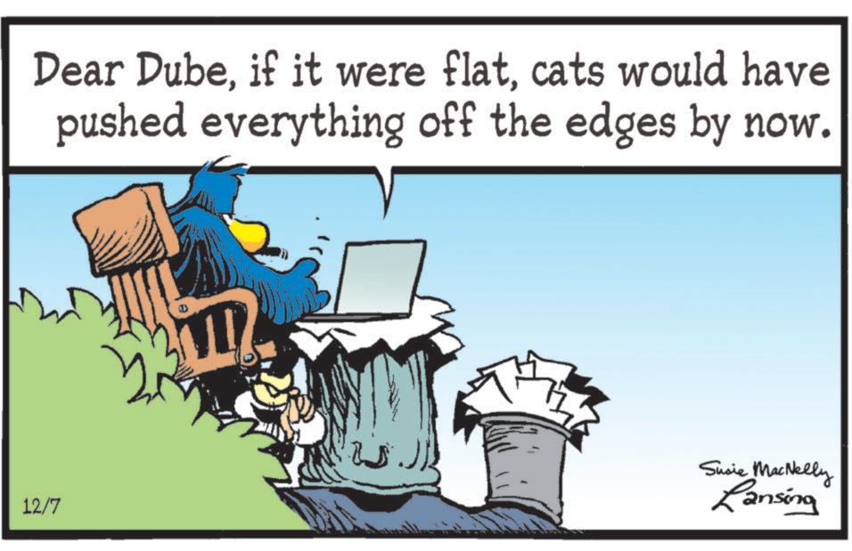 Illustration OCR: Dear Dubecats would have pushed everything off the edges by now. M 12/7 Susie MacNelly Lansing Dear Dubeif it were flatcats would have pushed everything off the edges by now . M 12/7 Susie MacNelly Lansing