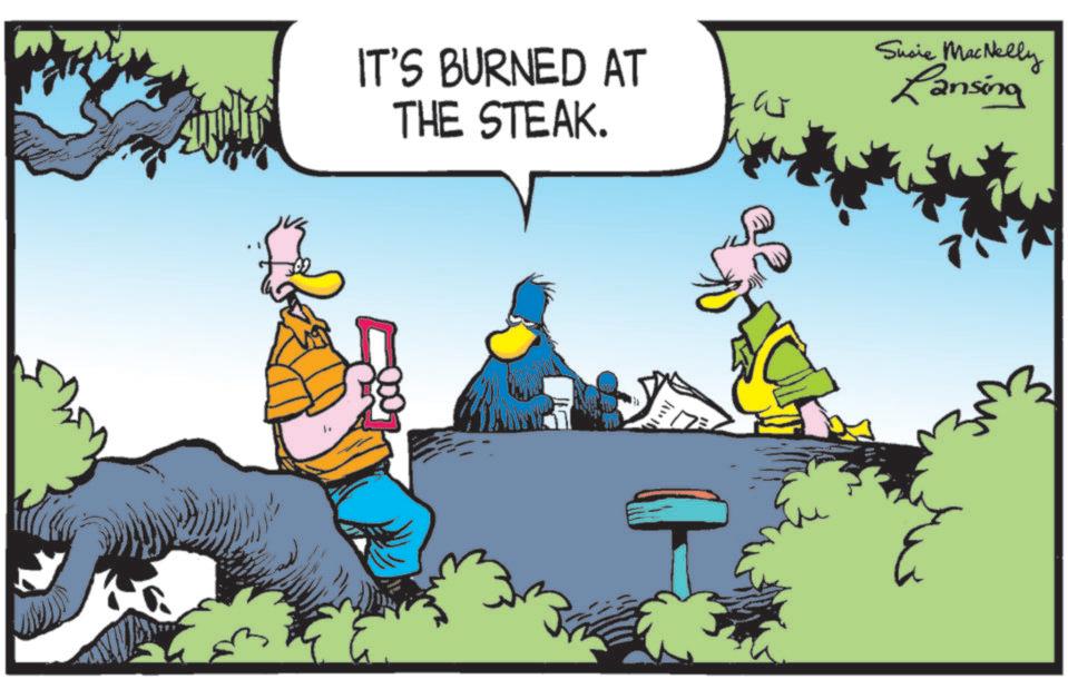 Fictional character OCR: IT'S BURNED AT THE STEAK. 0 W Susie MacNelly Lansing IT'S BURNED AT THE STEAK . 0 W Susie MacNelly Lansing
