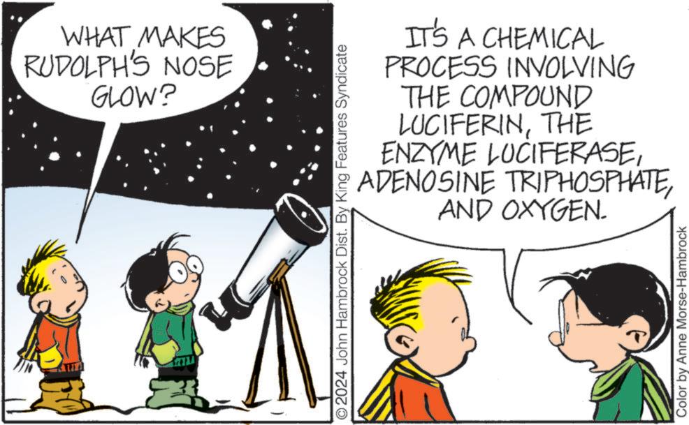 Photo caption OCR: WHAT MAKES RUDOLPH'S NOSE GLOW? O2024 John Hambrock Dist. By King Features Syndicate IT'S A CHEMICAL PROCESS INVOLVING THE COMPOUND LUCIFERINTHE ENZYME LUCIFERASEAND OXYGEN. Color by Anne Morse-Hambrock WHAT MAKES RUDOLPH'S NOSE GLOW ? O2024 John Hambrock Dist . By King Features Syndicate IT'S A CHEMICAL PROCESS INVOLVING THE COMPOUND LUCIFERINTHE ENZYME LUCIFERASEADENOSINE TRIPHOSPHATEAND OXYGEN . Color by Anne Morse - Hambrock