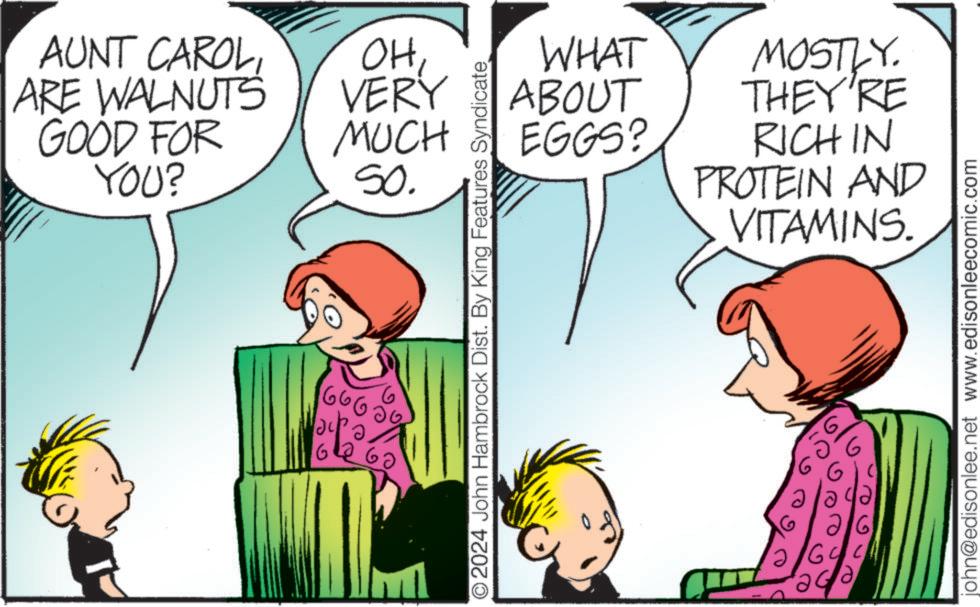 Organism OCR: AUNT CAROLARE WALNUTS OHGOOD FOR YOU? VERY MUCH So. WHAT ABOUT MOSTLY. THEY'RE EGGS? RICH IN PROTEIN AND VITAMINS. O2024 John Hambrock Dist. By King Features Syndicate 666 a 6262 a ?? 26 G john@edisonlee.net www.edisonleecomic.com AUNT CAROLARE WALNUTS OHGOOD FOR YOU ? VERY MUCH So. WHAT ABOUT MOSTLY . THEY'RE EGGS ? RICH IN PROTEIN AND VITAMINS . O2024 John Hambrock Dist . By King Features Syndicate 666 a 6262 a ?? 26 G john@edisonlee.net www.edisonleecomic.com