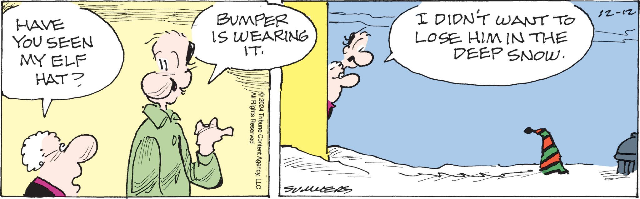 Fictional character OCR: HAVE YOU SEEN MY ELF HAT? 7 BUMPER IS WEARING ITI DIDN'T WANT TO LOSE HIM IN THE DEEP SNOW. All Rights Reserved 2024 Tribune Content AgencyLLC Summers 12-12 HAVE YOU SEEN MY ELF HAT ? 7 BUMPER IS WEARING ITI DIDN'T WANT TO LOSE HIM IN THE DEEP SNOW . All Rights Reserved 2024 Tribune Content AgencyLLC Summers 12-12