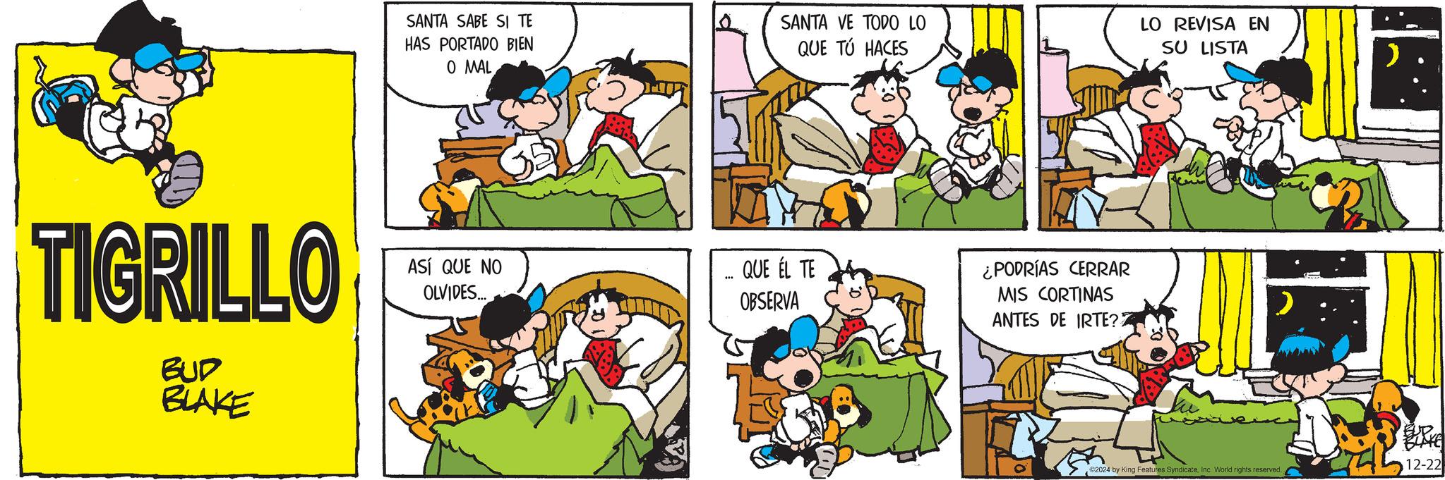 Animated cartoon OCR: SANTA SABE SI TE HAS PORTADO BIEN O MAL SANTA VE TODO LO QUE TÚ HACES LO REVISA EN SU LISTA TIGRILLO ASÍ QUE NO OLVIDES... BUD BLAKE QUE ÉL TE OBSERVA ¿PODRÍAS CERRAR MIS CORTINAS ANTES DE IRTE?? BUD 12-22 ©2024 by King Features SyndicateInc. World rights reserved. SANTA SABE SI TE HAS PORTADO BIEN O MAL SANTA VE TODO LO QUE TÚ HACES LO REVISA EN SU LISTA TIGRILLO ASÍ QUE NO OLVIDES ... BUD BLAKE QUE ÉL TE OBSERVA ¿ PODRÍAS CERRAR MIS CORTINAS ANTES DE IRTE ?? BUD 12-22 © 2024 by King Features SyndicateInc. World rights reserved .