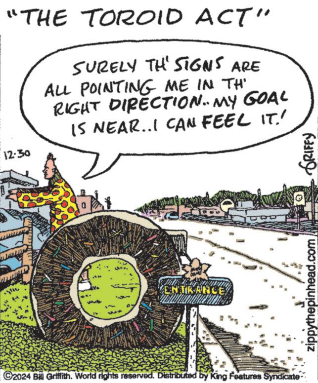 Poster OCR: "THE TOROID ACT" SURELY TH' SIGNS ARE ALL POINTING ME IN TH RIGHT DIRECTION. MY GOAL IS NEAR..I CAN FEEL IT' 12:30 7 ENTRANCE ©2024 Bill Griffith. World rights reserved. Distributed by King Features Syndicate zippythepinhead.com GRIFFY " THE TOROID ACT " SURELY TH ' SIGNS ARE ALL POINTING ME IN TH RIGHT DIRECTION . MY GOAL IS NEAR..I CAN FEEL IT ' 12:30 7 ENTRANCE © 2024 Bill Griffith . World rights reserved . Distributed by King Features Syndicate zippythepinhead.com GRIFFY