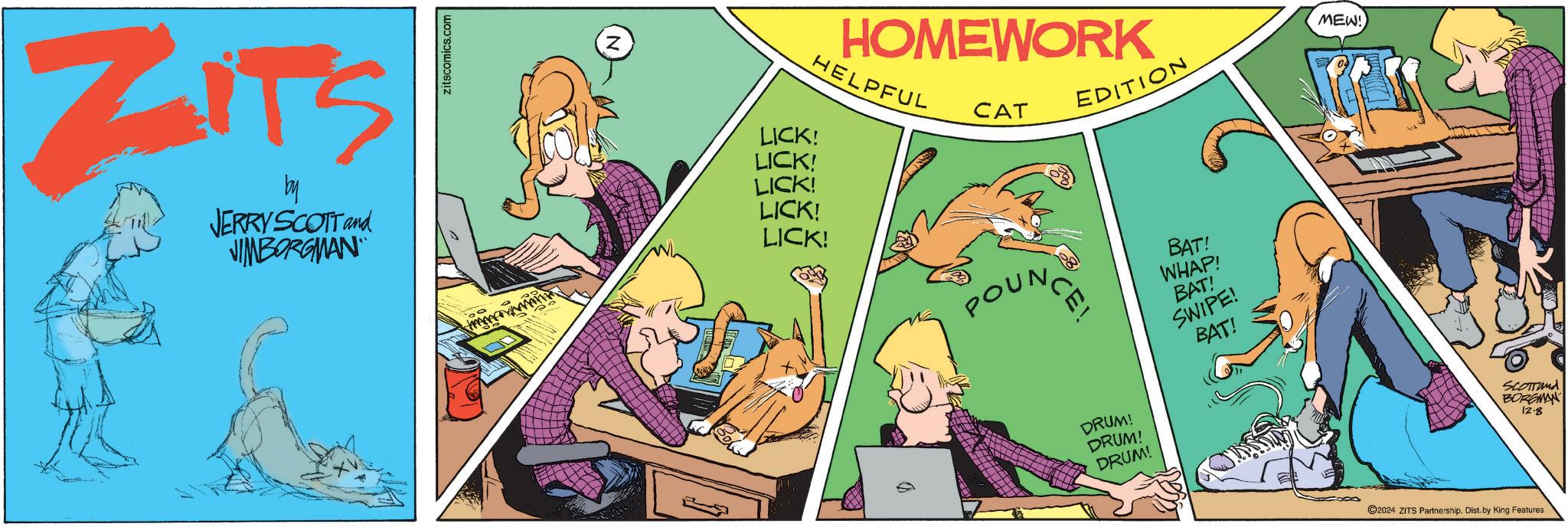 Fictional character OCR: ZITS by JERRY SCOTT and JIMBORGMAN zitscomics.com Z HOMEWORK HELPFUL CAT EDITION MEW! LICK! LICK! LICK! LICK! LICK! POUNCE! BAT! WHAP! BAT! SWIPE! BAT! DRUM! DRUM! DRUM! SCOTTand BORGMAN 12.8 ©2024 ZITS Partnership. Dist. by King Features ZITS by JERRY SCOTT and JIMBORGMAN zitscomics.com Z HOMEWORK HELPFUL CAT EDITION MEW ! LICK ! LICK ! LICK ! LICK ! LICK ! POUNCE ! BAT ! WHAP ! BAT ! SWIPE ! BAT ! DRUM ! DRUM ! DRUM ! SCOTTand BORGMAN 12.8 © 2024 ZITS Partnership . Dist . by King Features