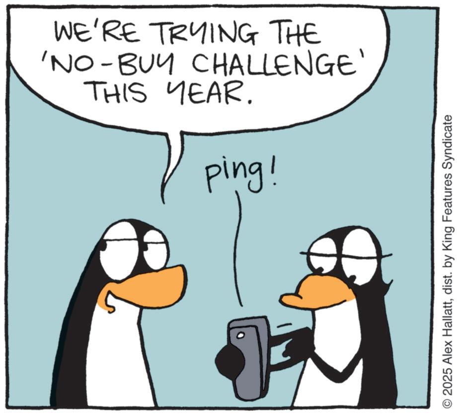 Photo caption OCR: THIS YEAR. 'NO-BUY CHALLENGE' WE'RE TRYING THE ping! O 2025 Alex Hallattdist. by King Features Syndicate THIS YEAR . ' NO - BUY CHALLENGE ' WE'RE TRYING THE ping ! O 2025 Alex Hallattdist . by King Features Syndicate