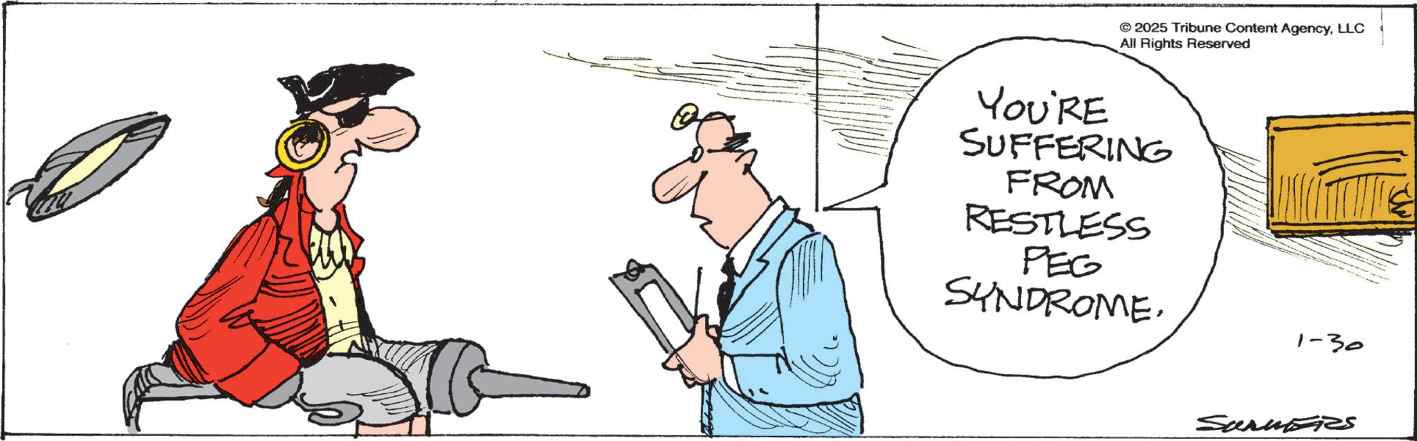 Photo caption OCR: 2025 Tribune Content AgencyLLC All Rights Reserved YOU'RE SUFFERING FROM RESTLESS PEG SYNDROME. 1-30 SaruBRS 2025 Tribune Content AgencyLLC All Rights Reserved YOU'RE SUFFERING FROM RESTLESS PEG SYNDROME . 1-30 SaruBRS