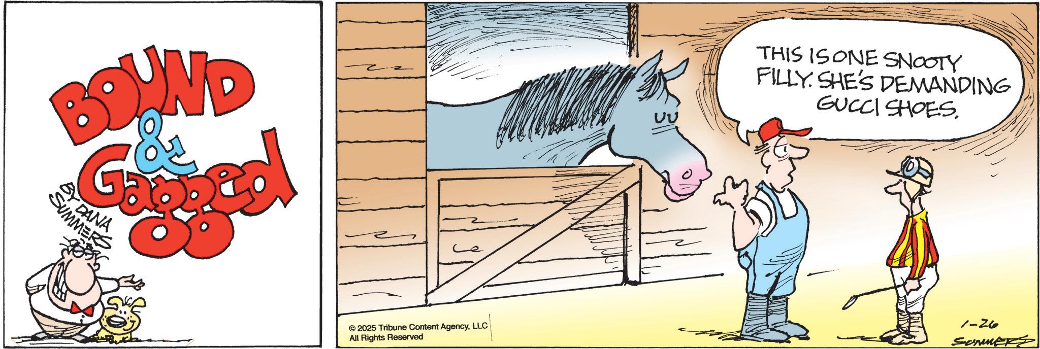 Horse tack OCR: BOUND BY DANA SUMMER ©2025 Tribune Content AgencyLLC All Rights Reserved THIS IS ONE SNOOTY FILLY. SHE'S DEMANDING GUCCI SHOES. 1-26 BOUND BY DANA SUMMER © 2025 Tribune Content AgencyLLC All Rights Reserved THIS IS ONE SNOOTY FILLY . SHE'S DEMANDING GUCCI SHOES . 1-26