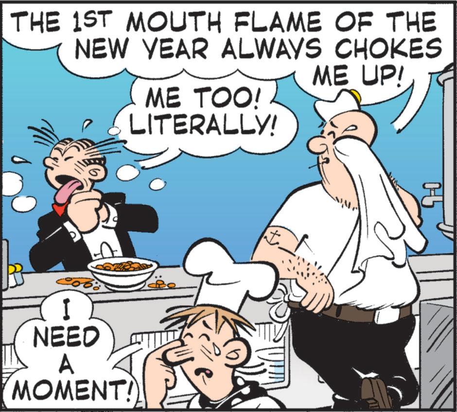 Animation OCR: THE 1ST MOUTH FLAME OF THE NEW YEAR ALWAYS CHOKES ME TOO! LITERALLY! ME UP! NEED A MOMENT! ? ?? THE 1ST MOUTH FLAME OF THE NEW YEAR ALWAYS CHOKES ME TOO ! LITERALLY ! ME UP ! NEED A MOMENT ! ? ??