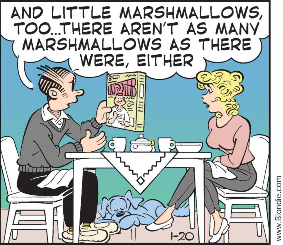 Humour OCR: AND LITTLE MARSHMALLOWSTOO...THERE AREN'T AS MANY MARSHMALLOWS AS THERE WEREEITHER ??? 1-20 113} www.Blondie.com AND LITTLE MARSHMALLOWSTOO ... THERE AREN'T AS MANY MARSHMALLOWS AS THERE WEREEITHER ??? 1-20 113 } www.Blondie.com