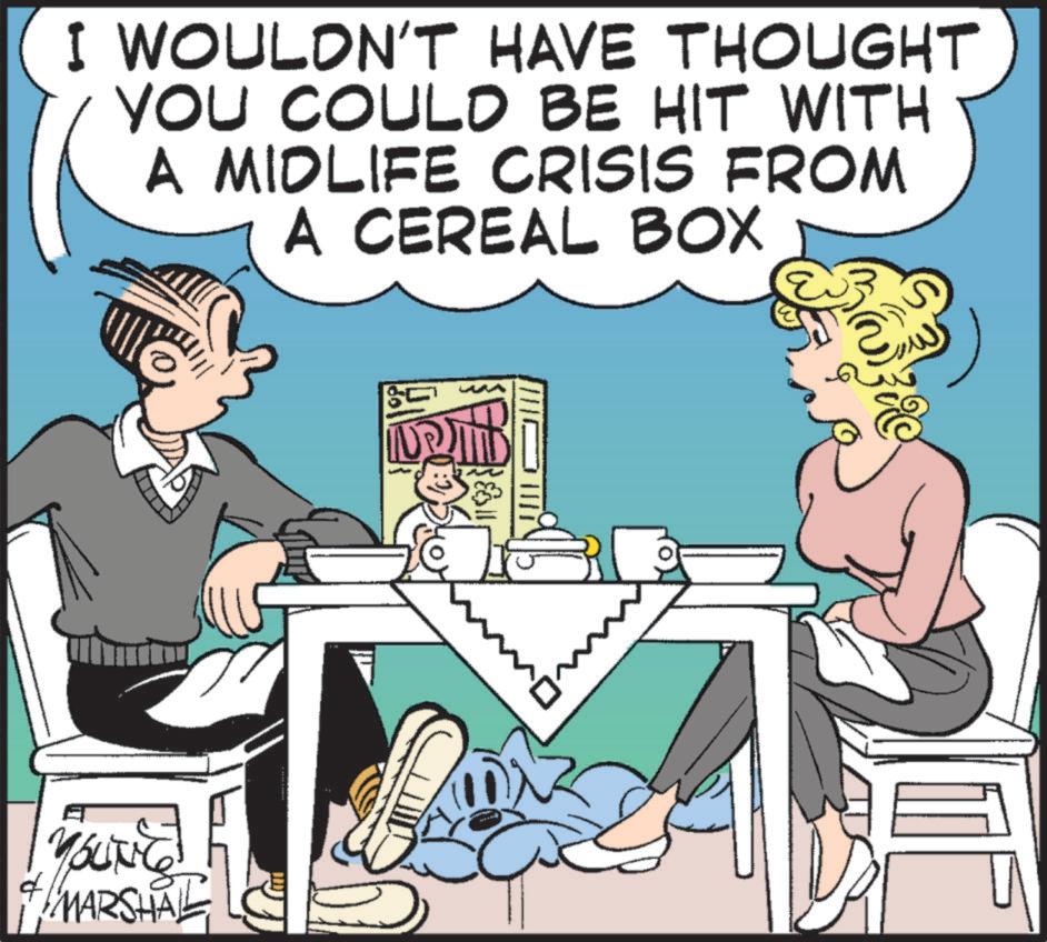 Animated cartoon OCR: YOUNG MARSHAL I WOULDN'T HAVE THOUGHT YOU COULD BE HIT WITH A MIDLIFE CRISIS FROM A CEREAL BOX U ??33? YOUNG MARSHAL I WOULDN'T HAVE THOUGHT YOU COULD BE HIT WITH A MIDLIFE CRISIS FROM A CEREAL BOX U ? ?33 ?