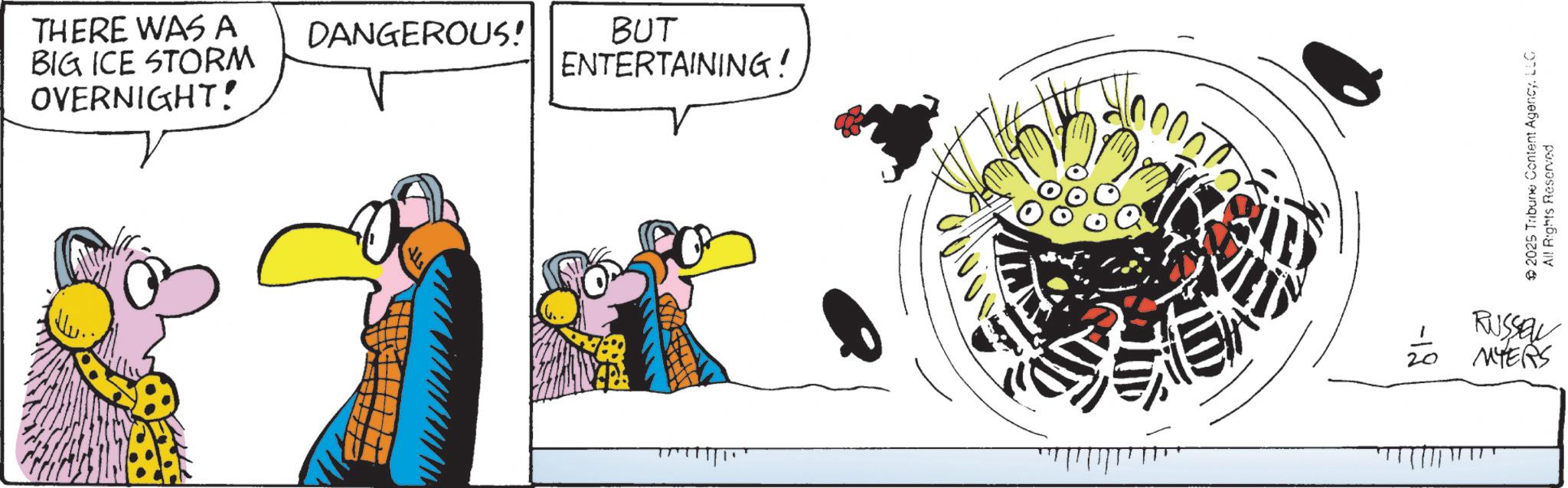 Fictional character OCR: THERE WAS A BIG ICE STORM OVERNIGHT! DANGEROUS! BUT ENTERTAINING! 20 2025 Tribune Content AgencyLLC All Rights Reserved Russel MYERS THERE WAS A BIG ICE STORM OVERNIGHT ! DANGEROUS ! BUT ENTERTAINING ! 20 2025 Tribune Content AgencyLLC All Rights Reserved Russel MYERS