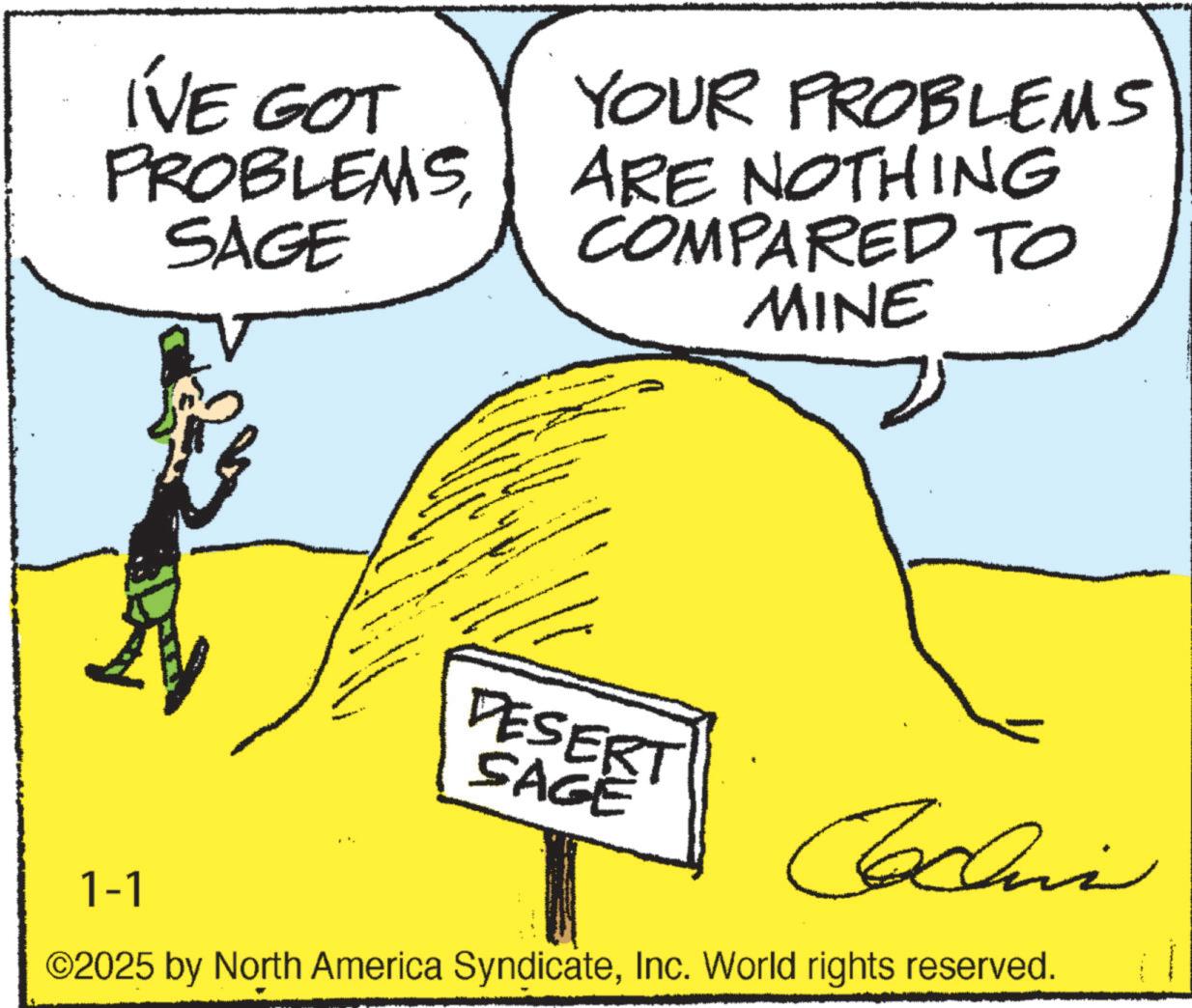 Graphics OCR: I'VE GOT PROBLEMSSAGE YOUR PROBLEMS ARE NOTHING COMPARED TO MINE 1-1 DESERT SAGE Coachin ©2025 by North America SyndicateInc. World rights reserved. I'VE GOT PROBLEMSSAGE YOUR PROBLEMS ARE NOTHING COMPARED TO MINE 1-1 DESERT SAGE Coachin © 2025 by North America SyndicateInc. World rights reserved .