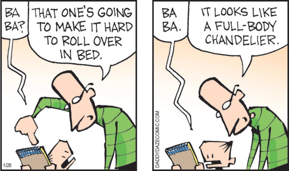Animation OCR: 1/28 BA THAT ONE'S GOING BA IT LOOKS LIKE BA? TO MAKE IT HARD TO ROLL OVER BA. A FULL-BODY CHANDELIER. IN BED. DADDYDAZECOMIC.COM 1/28 BA THAT ONE'S GOING BA IT LOOKS LIKE BA ? TO MAKE IT HARD TO ROLL OVER BA . A FULL - BODY CHANDELIER . IN BED . DADDYDAZECOMIC.COM