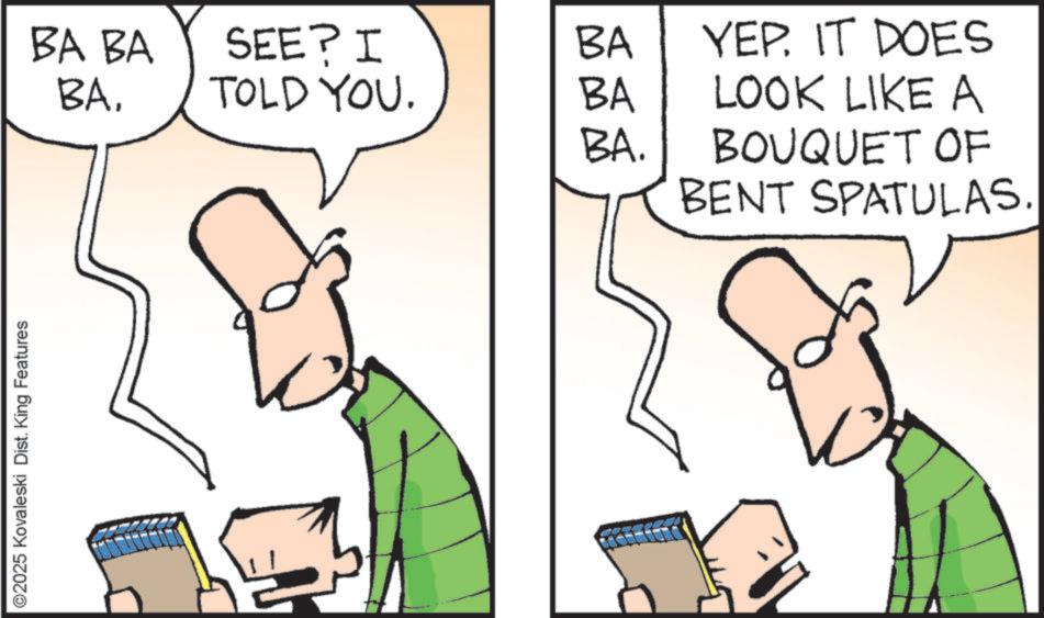 Fiction OCR: ©2025 Kovaleski Dist. King Features BA BA SEE? I BA YEP. IT DOES BATOLD YOU. BA LOOK LIKE A BA. BOUQUET OF BENT SPATULAS. © 2025 Kovaleski Dist . King Features BA BA SEE ? I BA YEP . IT DOES BATOLD YOU . BA LOOK LIKE A BA . BOUQUET OF BENT SPATULAS .