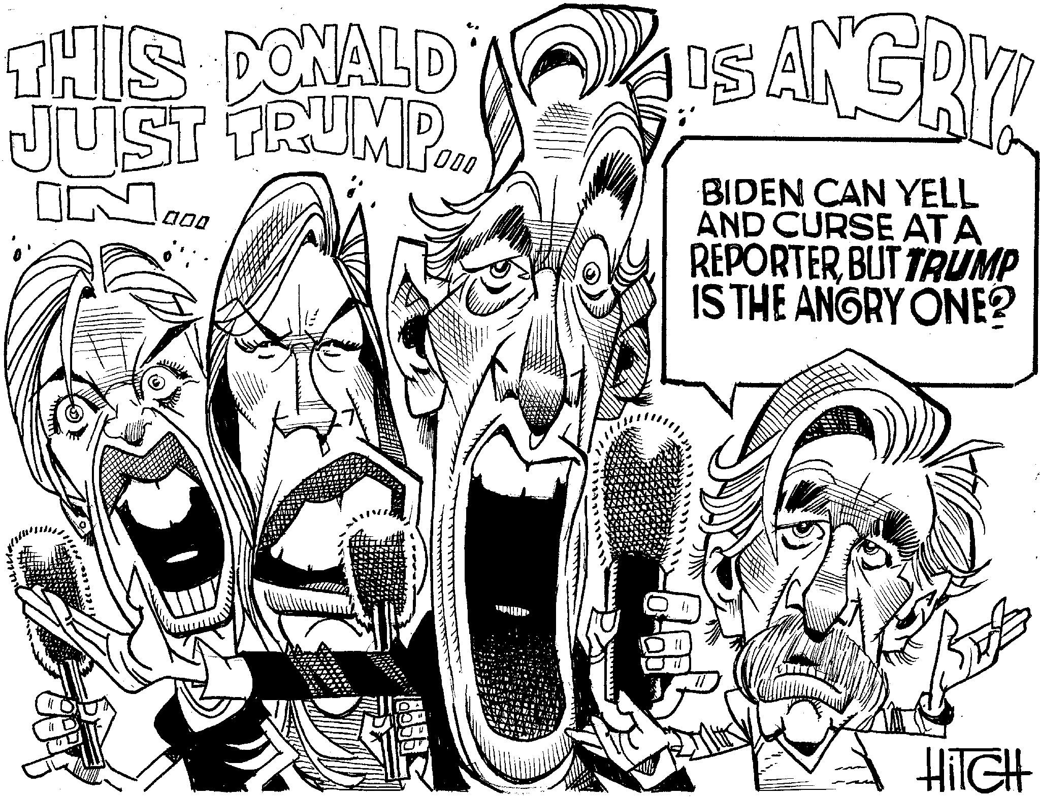 Line art OCR: THIS DONALD JUST TRUMP... IN 000 DS ANGRY IS BIDEN CAN YELL AND CURSE AT A REPORTER BUT TRUMP IS THE ANGRY ONE? ??????? HiTCH THIS DONALD JUST TRUMP ... IN 000 DS ANGRY IS BIDEN CAN YELL AND CURSE AT A REPORTER BUT TRUMP IS THE ANGRY ONE ? ? ??? ??? HiTCH