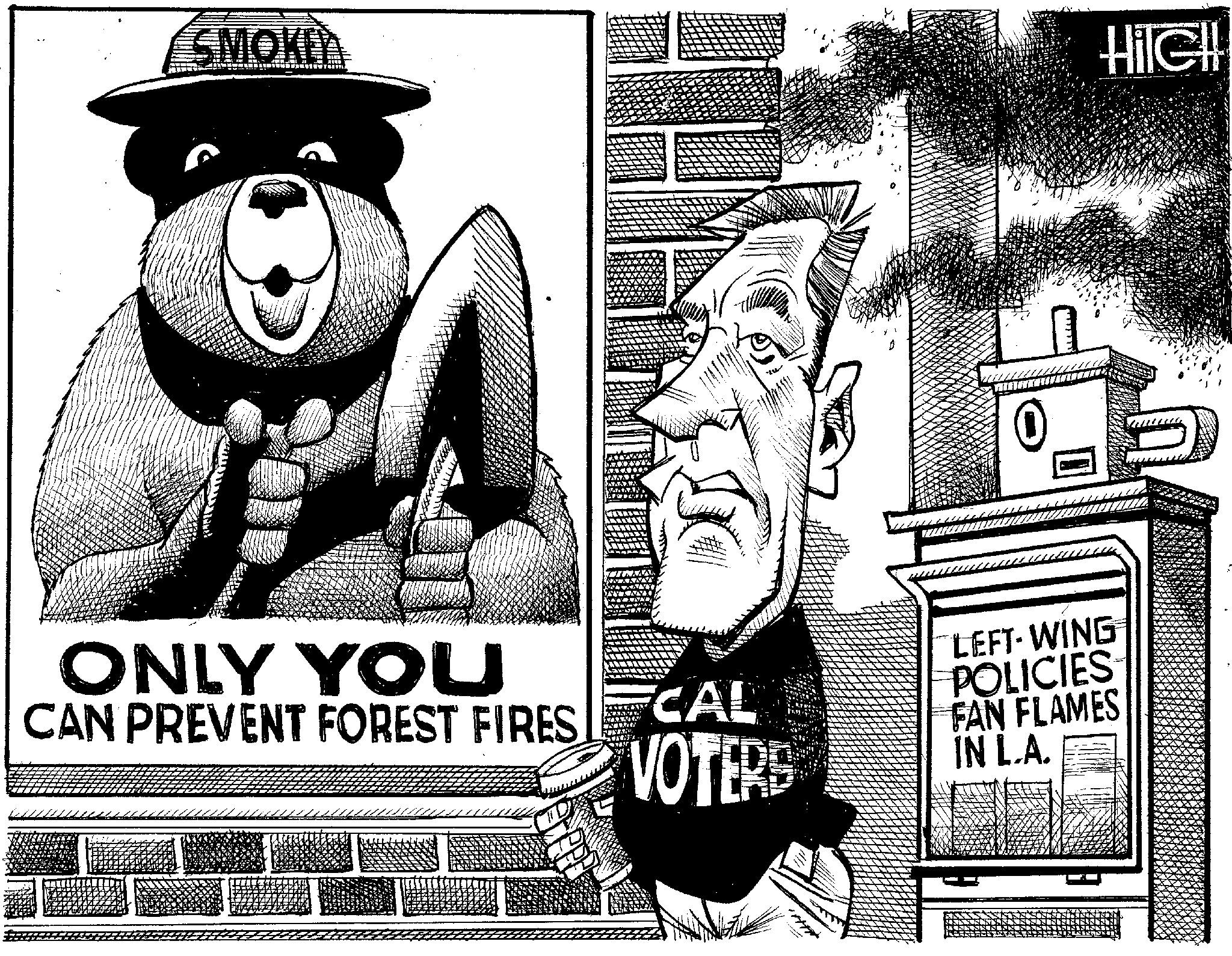 Graphic design OCR: MOKEY ONLY YOU CAN PREVENT FOREST FIRES CAL VOTERS 0 LEFT-WING POLICIES FAN FLAMES IN L.A. HilGH MOKEY ONLY YOU CAN PREVENT FOREST FIRES CAL VOTERS 0 LEFT - WING POLICIES FAN FLAMES IN L.A. HilGH