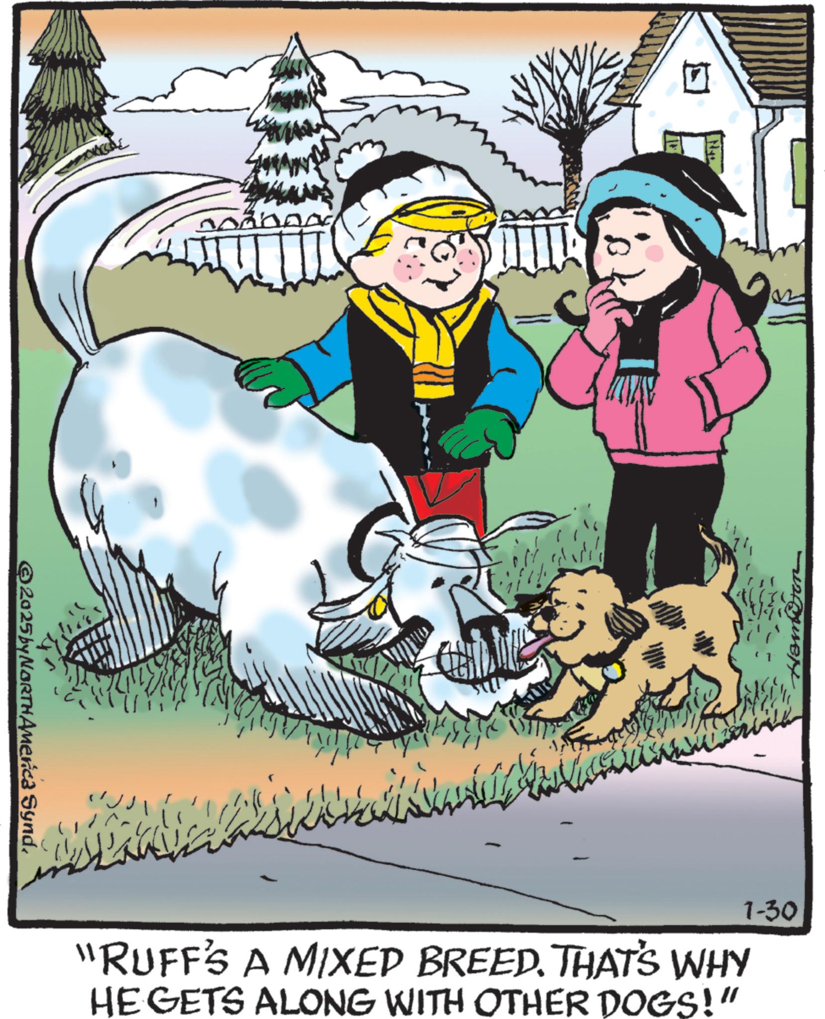 Child OCR: 2025by NORTHAMerica Synd. 10 Homorn "RUFF'S A MIXED BREED. THAT'S WHY HE GETS ALONG WITH OTHER DOGS!" 1-30 2025by NORTHAMerica Synd . 10 Homorn " RUFF'S A MIXED BREED . THAT'S WHY HE GETS ALONG WITH OTHER DOGS ! " 1-30