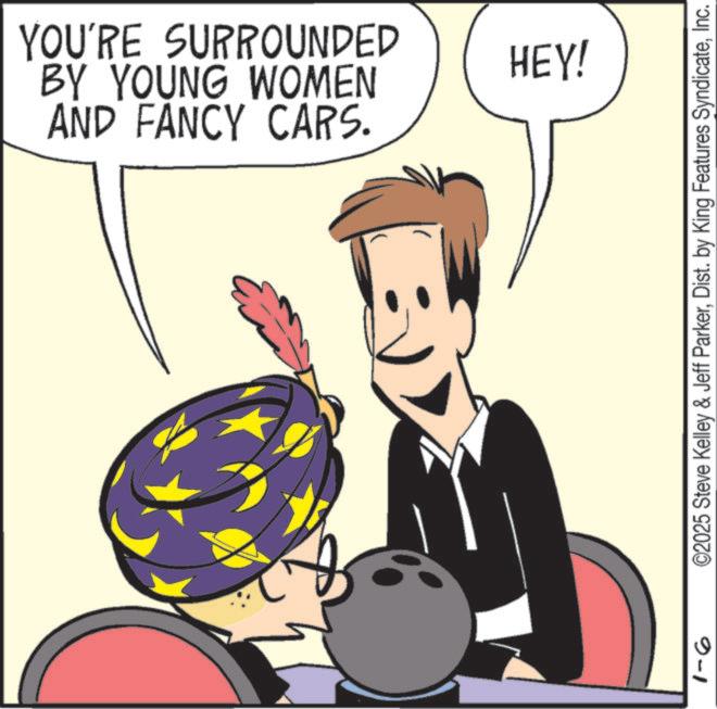 Clip art OCR: AND FANCY CARS. BY YOUNG WOMEN YOU'RE SURROUNDED HEY! ©2025 Steve Kelley & Jeff ParkerInc. 9-1 AND FANCY CARS . BY YOUNG WOMEN YOU'RE SURROUNDED HEY ! © 2025 Steve Kelley & Jeff ParkerDist . by King Features SyndicateInc. 9-1