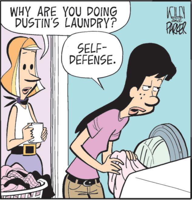 Animated cartoon OCR: WHY ARE YOU DOING DUSTIN'S LAUNDRY? SELF- DEFENSE. KILEN PARKER and WHY ARE YOU DOING DUSTIN'S LAUNDRY ? SELF- DEFENSE . KILEN PARKER and