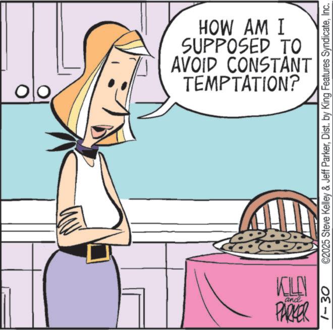 Animated cartoon OCR: 0 TEMPTATION? AVOID CONSTANT SUPPOSED TO HOW AM I 1-30 ©2025 Steve Kelley & Jeff ParkerInc. and KOLEN PARKER 0 TEMPTATION ? AVOID CONSTANT SUPPOSED TO HOW AM I 1-30 © 2025 Steve Kelley & Jeff ParkerDist . by King Features SyndicateInc. and KOLEN PARKER
