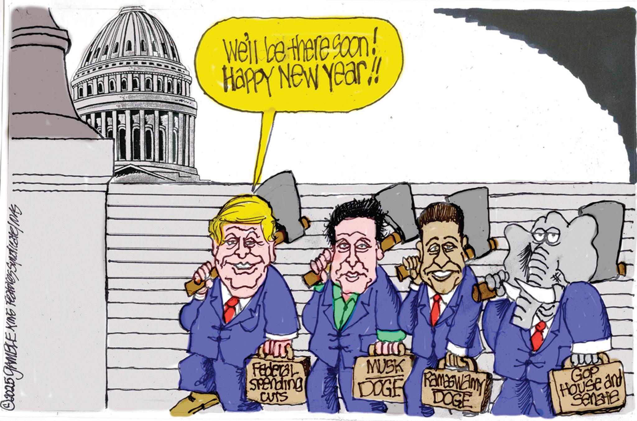 Clip art OCR: © 2025 GAMBLE XING FEDOROS Synticate/NAS We'll be there soon! Happy New Year!! Federal Spending MUSK DOGE CUTS Ramaswamy DOGE aan GOP House and Senate © 2025 GAMBLE XING FEDOROS Synticate / NAS We'll be there soon ! Happy New Year !! Federal Spending MUSK DOGE CUTS Ramaswamy DOGE aan GOP House and Senate