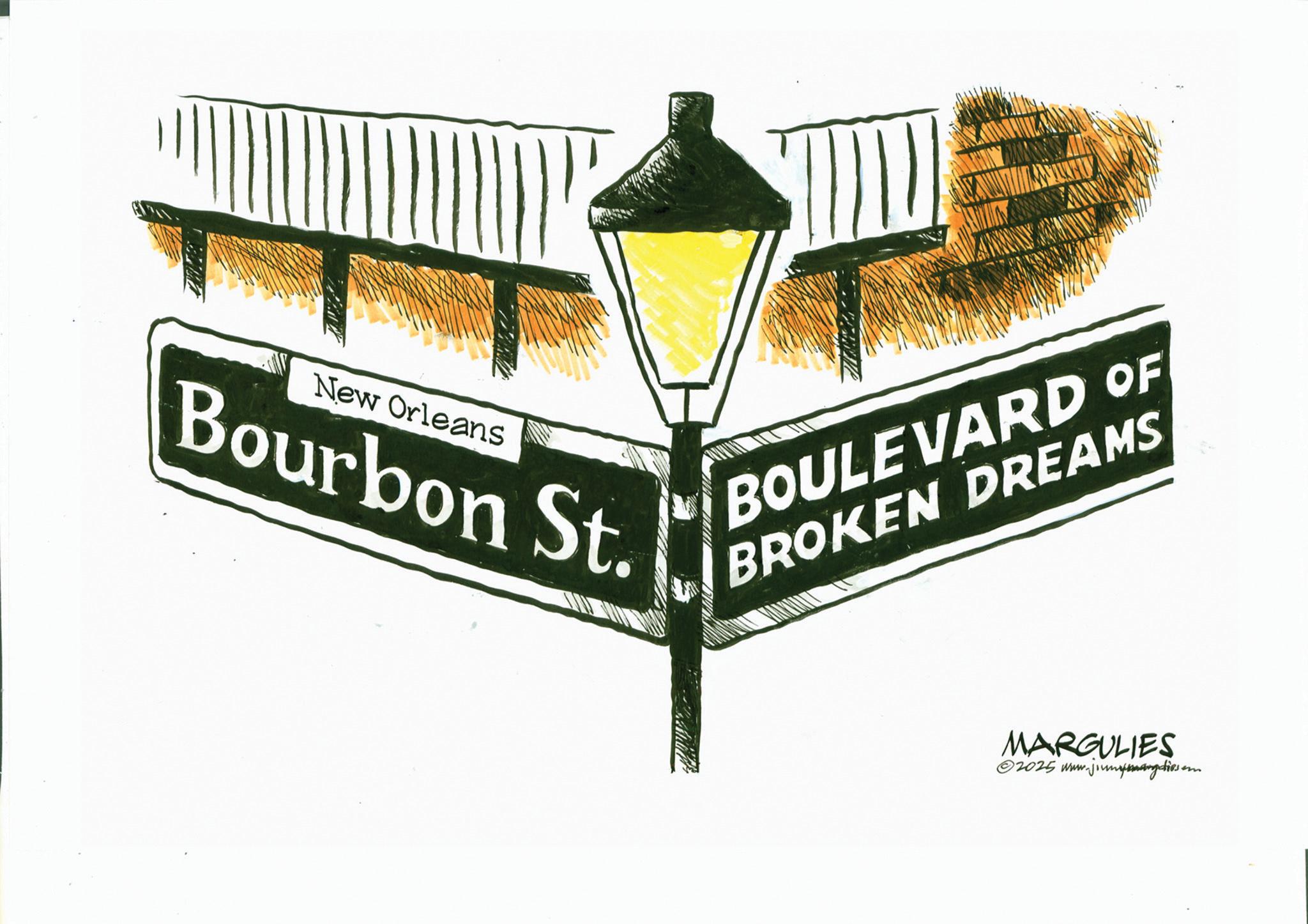Street name sign OCR: New Orleans Bourbon St. BOULEVARD OF BROKEN DREAMS MARGULIES ©2025 www.jung diesem New Orleans Bourbon St. BOULEVARD OF BROKEN DREAMS MARGULIES © 2025 www.jung diesem