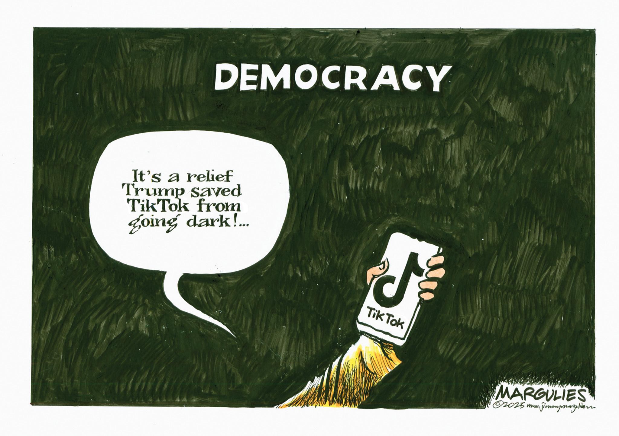 Handwriting OCR: DEMOCRACY It's a relief Trump saved TikTok from going dark!... J Tik Tok MARGULIES 2025 www.jimmyman DEMOCRACY It's a relief Trump saved TikTok from going dark ! ... J Tik Tok MARGULIES 2025 www.jimmyman