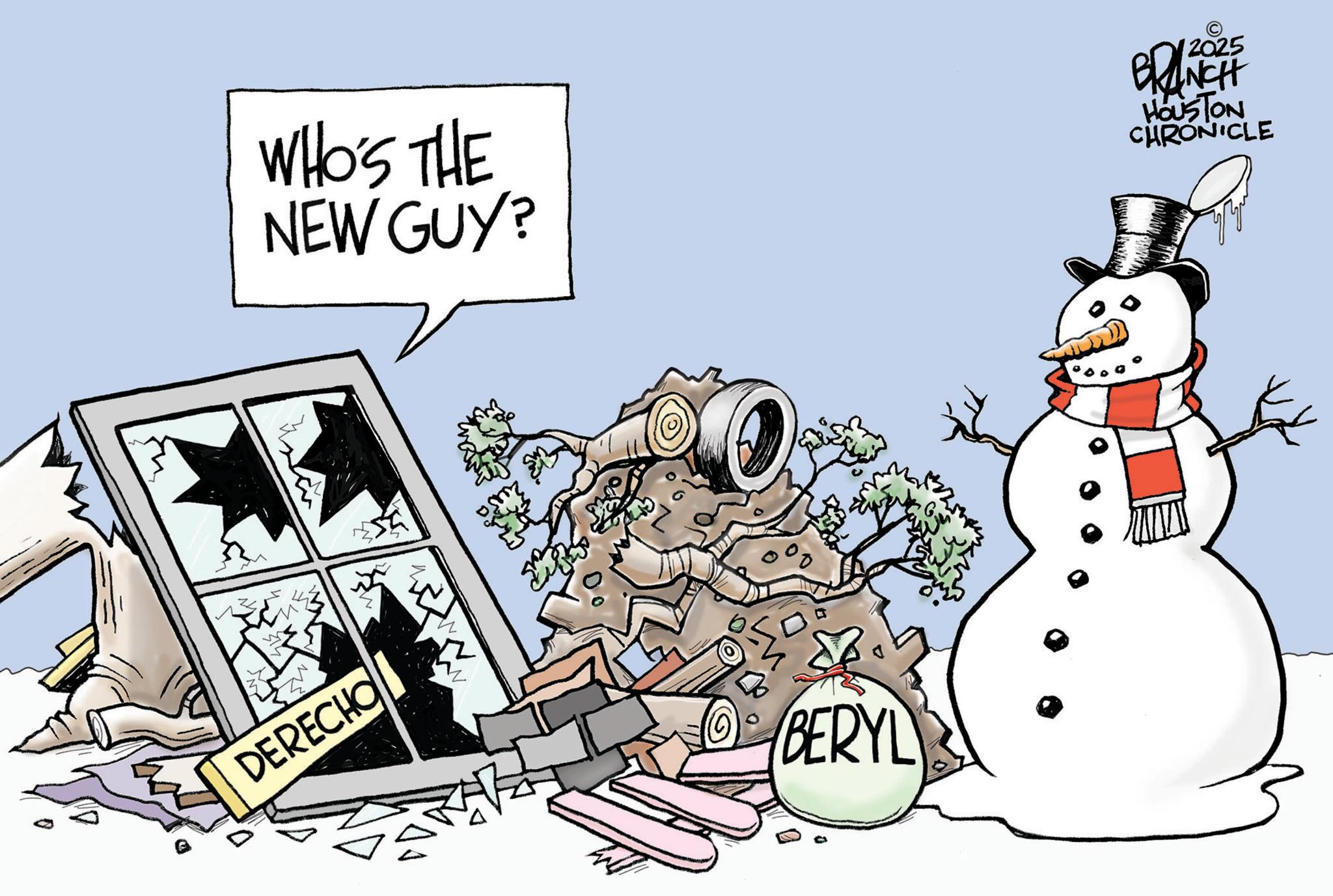 Animated cartoon OCR: WHO'S THE NEW GUY? 2025 BRANCH HOUSTON CHRONICLE DERECHO BERYL WHO'S THE NEW GUY ? 2025 BRANCH HOUSTON CHRONICLE DERECHO BERYL