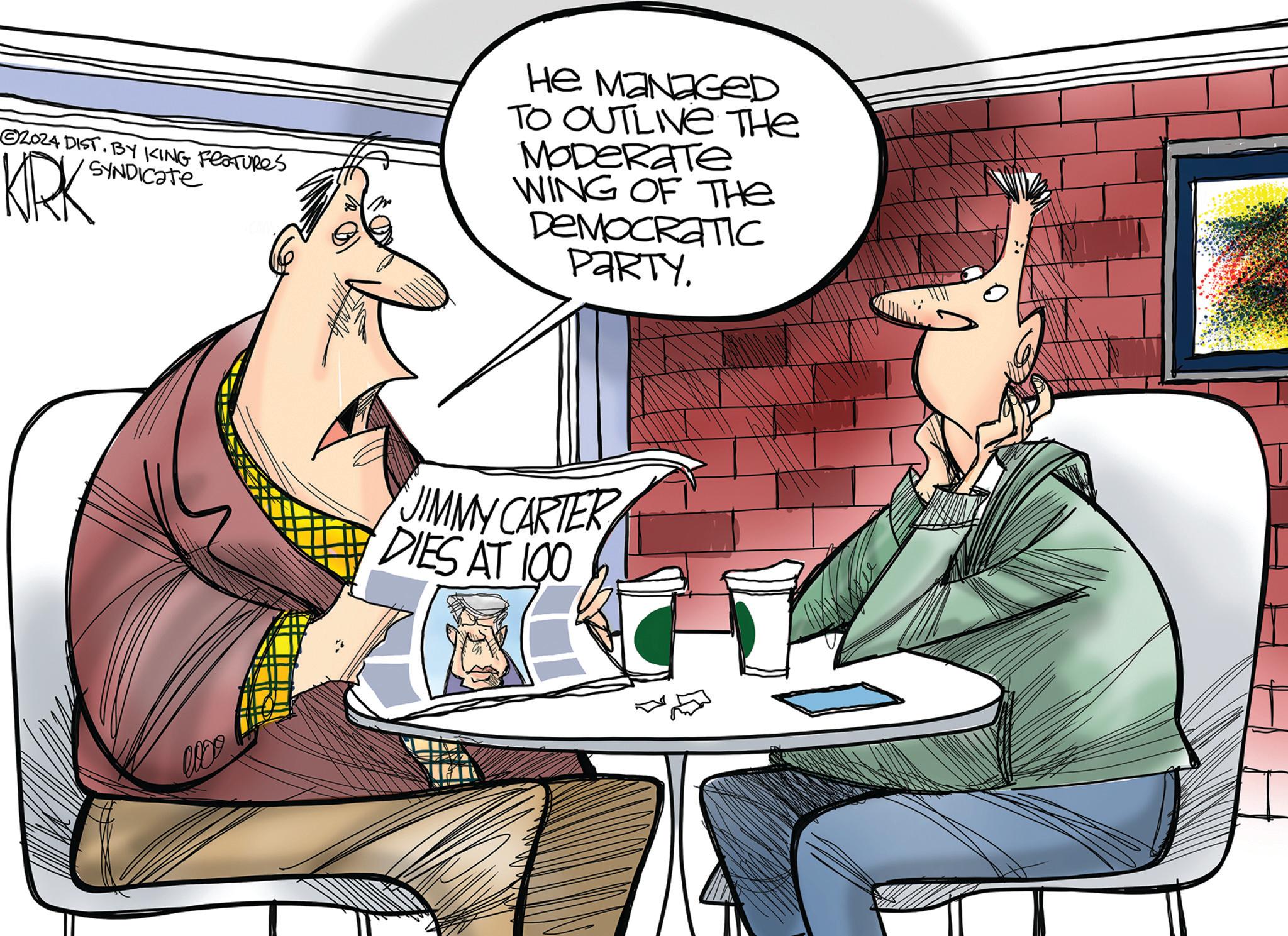 Animation OCR: 2024 DIST. BY KING FEATURES SYNDICATE KIRK He ManageD TO OUTLINE THE MODERATE WING OF THE DEMOCRATIC PARTY. JIMMY CARTER DIES AT 100 ww E 2024 DIST . BY KING FEATURES SYNDICATE KIRK He ManageD TO OUTLINE THE MODERATE WING OF THE DEMOCRATIC PARTY . JIMMY CARTER DIES AT 100 ww E