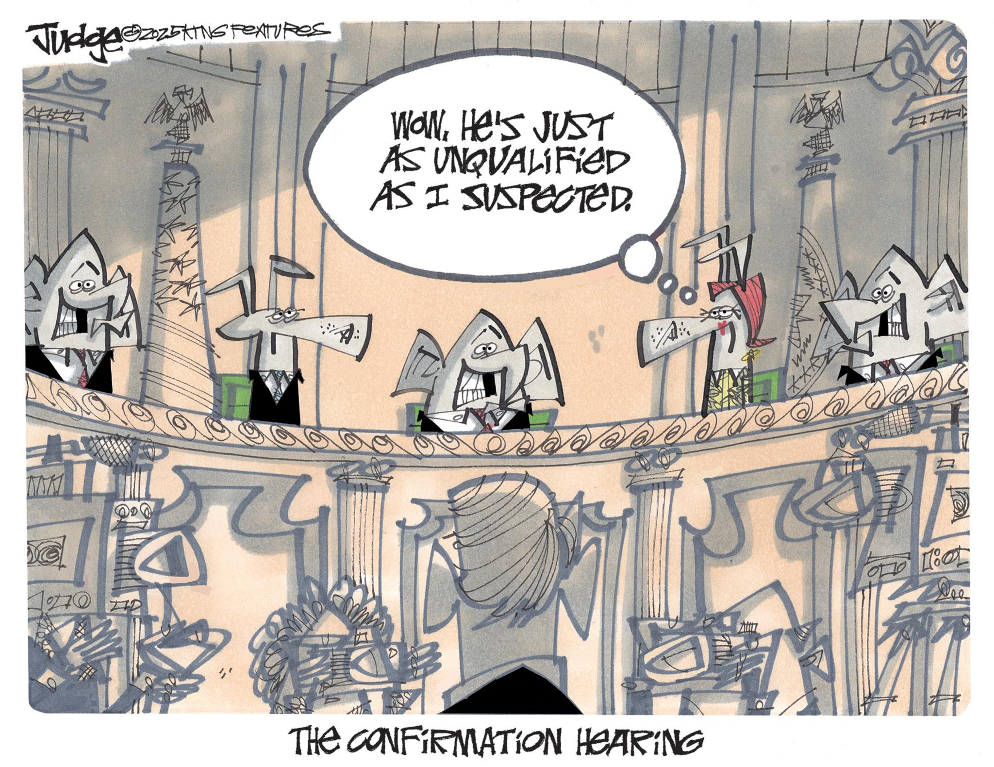 Line art OCR: Judge @20z5KING PEATURES WOWHE'S JUST AS UNQUALIFIED AS I SUSPECTED. 10770 THE CONFIRMATION HEARING www ** ?? ??? A Dee Judge @ 20z5KING PEATURES WOWHE'S JUST AS UNQUALIFIED AS I SUSPECTED . 10770 THE CONFIRMATION HEARING www ** ?? ??? A Dee