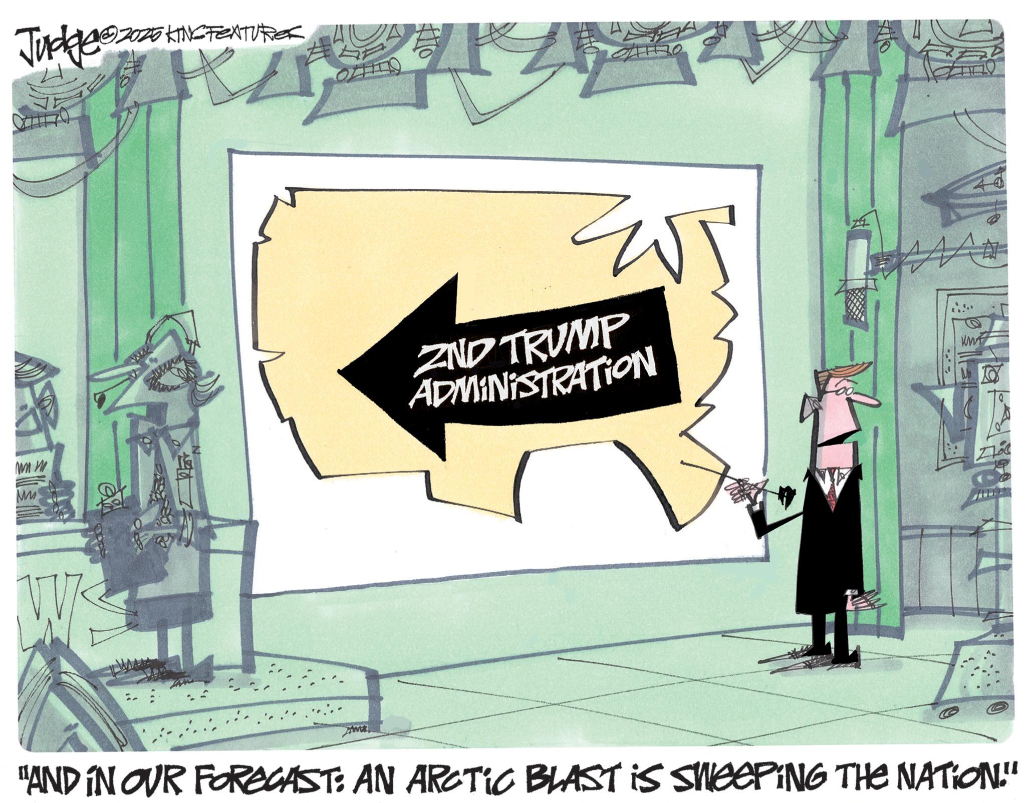Animation OCR: 02025 KING FEATURES Judge@2020 www M W Ho ? AND TRUMP ADMINISTRATION "AND IN OUR FORECAST: AN AROTIC BLAST IS SWeePiNG THE NATION." 02025 KING FEATURES Judge @ 2020 www M W Ho ? AND TRUMP ADMINISTRATION " AND IN OUR FORECAST : AN AROTIC BLAST IS SWeePiNG THE NATION . "