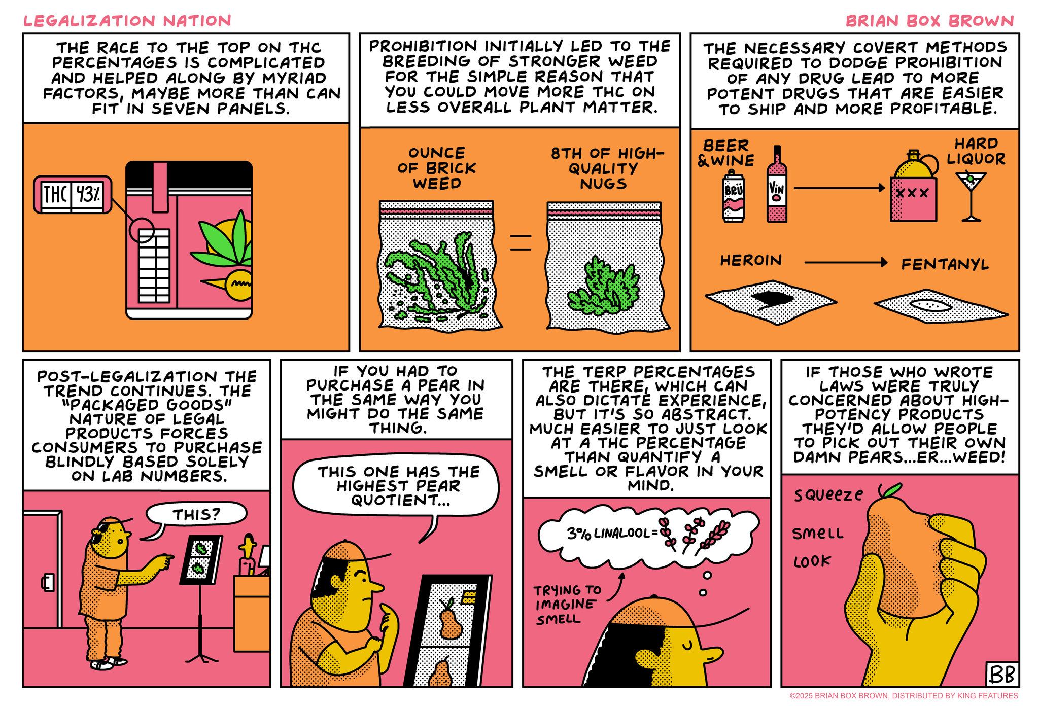 Animation OCR: LEGALIZATION NATION THE RACE TO THE TOP ON THC PERCENTAGES IS COMPLICATED AND HELPED ALONG BY MYRIAD FACTORSMAYBE MORE THAN CAN FIT IN SEVEN PANELS. THC 43% PROHIBITION INITIALLY LED TO THE BREEDING OF STRONGER WEED FOR THE SIMPLE REASON THAT YOU COULD MOVE MORE THC ON LESS OVERALL PLANT MATTER. OUNCE OF BRICK WEED 8TH OF HIGH- QUALITY NUGS BRIAN BOX BROWN THE NECESSARY COVERT METHODS REQUIRED TO DODGE PROHIBITION OF ANY DRUG LEAD TO MORE POTENT DRUGS THAT ARE EASIER TO SHIP AND MORE PROFITABLE. BEER & WINE BRU HARD LIQUOR mm = HEROIN FENTANYL POST-LEGALIZATION THE TREND CONTINUES. THE "PACKAGED GOODS" NATURE OF LEGAL PRODUCTS FORCES CONSUMERS TO PURCHASE BLINDLY BASED SOLELY ON LAB NUMBERS. THIS? IF YOU HAD TO PURCHASE A PEAR IN THE SAME WAY YOU MIGHT DO THE SAME THING. THIS ONE HAS THE HIGHEST PEAR QUOTIENT... THE TERP PERCENTAGES ARE THEREWHICH CAN ALSO DICTATE EXPERIENCEBUT IT'S SO ABSTRACT. MUCH EASIER TO JUST LOOK AT A THC PERCENTAGE THAN QUANTIFY A SMELL OR FLAVOR IN YOUR MIND. 3% LINALOOL= IF THOSE WHO WROTE LAWS WERE TRULY CONCERNED ABOUT HIGH- POTENCY PRODUCTS THEY'D ALLOW PEOPLE TO PICK OUT THEIR OWN DAMN PEARS...ER...WEED! Squeeze Smell LOOK TRYING TO IMAGINE SMELL 2 BB ©2025 BRIAN BOX BROWNDISTRIBUTED BY KING FEATURES LEGALIZATION NATION THE RACE TO THE TOP ON THC PERCENTAGES IS COMPLICATED AND HELPED ALONG BY MYRIAD FACTORSMAYBE MORE THAN CAN FIT IN SEVEN PANELS . THC 43 % PROHIBITION INITIALLY LED TO THE BREEDING OF STRONGER WEED FOR THE SIMPLE REASON THAT YOU COULD MOVE MORE THC ON LESS OVERALL PLANT MATTER . OUNCE OF BRICK WEED 8TH OF HIGH- QUALITY NUGS BRIAN BOX BROWN THE NECESSARY COVERT METHODS REQUIRED TO DODGE PROHIBITION OF ANY DRUG LEAD TO MORE POTENT DRUGS THAT ARE EASIER TO SHIP AND MORE PROFITABLE . BEER & WINE BRU HARD LIQUOR mm = HEROIN FENTANYL POST - LEGALIZATION THE TREND CONTINUES . THE " PACKAGED GOODS " NATURE OF LEGAL PRODUCTS FORCES CONSUMERS TO PURCHASE BLINDLY BASED SOLELY ON LAB NUMBERS . THIS ? IF YOU HAD TO PURCHASE A PEAR IN THE SAME WAY YOU MIGHT DO THE SAME THING . THIS ONE HAS THE HIGHEST PEAR QUOTIENT ... THE TERP PERCENTAGES ARE THEREWHICH CAN ALSO DICTATE EXPERIENCEBUT IT'S SO ABSTRACT . MUCH EASIER TO JUST LOOK AT A THC PERCENTAGE THAN QUANTIFY A SMELL OR FLAVOR IN YOUR MIND . 3 % LINALOOL = IF THOSE WHO WROTE LAWS WERE TRULY CONCERNED ABOUT HIGH- POTENCY PRODUCTS THEY'D ALLOW PEOPLE TO PICK OUT THEIR OWN DAMN PEARS ... ER ... WEED ! Squeeze Smell LOOK TRYING TO IMAGINE SMELL 2 BB © 2025 BRIAN BOX BROWNDISTRIBUTED BY KING FEATURES