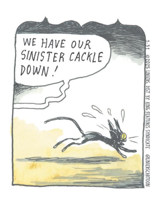Ink OCR: WE HAVE OUR SINISTER CACKLE DOWN! 1-31 2025 LINIERSDIST. BY KING FEATURES SYNDICATE @LINIERSCARTOON WE HAVE OUR SINISTER CACKLE DOWN ! 1-31 2025 LINIERSDIST . BY KING FEATURES SYNDICATE @LINIERSCARTOON