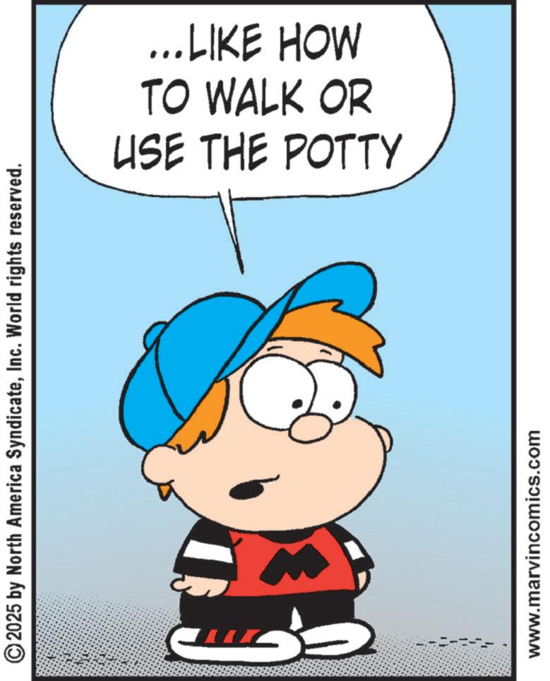 Illustration OCR: © 2025 by North America SyndicateInc. World rights reserved. www.marvincomics.com USE THE POTTY TO WALK OR ...LIKE HOW © 2025 by North America SyndicateInc. World rights reserved . www.marvincomics.com USE THE POTTY TO WALK OR ... LIKE HOW