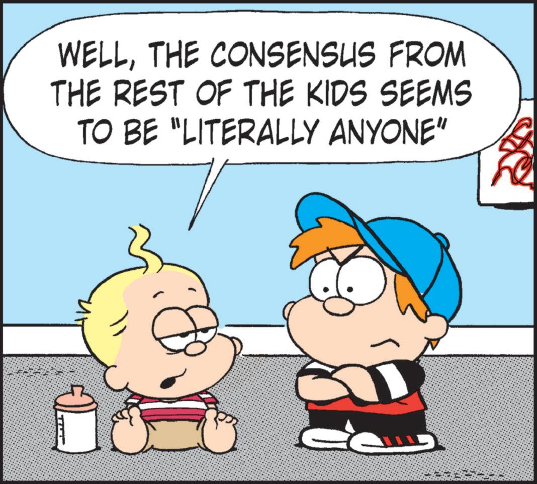 Comic book OCR: WELLTHE CONSENSUS FROM THE REST OF THE KIDS SEEMS TO BE "LITERALLY ANYONE" WELLTHE CONSENSUS FROM THE REST OF THE KIDS SEEMS TO BE " LITERALLY ANYONE "