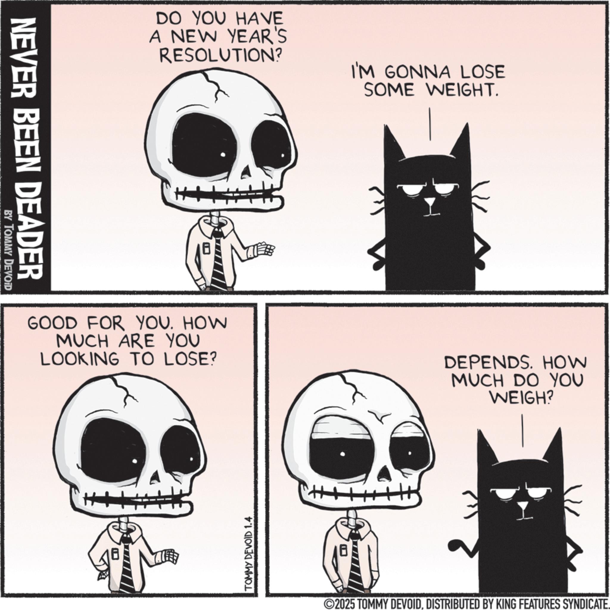 Fiction OCR: NEVER BEEN DEADER BY TOMMY DEVOID DO YOU HAVE A NEW YEAR'S RESOLUTION? I'M GONNA LOSE SOME WEIGHT. GOOD FOR YOU. HOW MUCH ARE YOU LOOKING TO LOSE? TOMMY DEVOID 1.4 H DEPENDS. HOW MUCH DO YOU WEIGH? ©2025 TOMMY DEVOIDDISTRIBUTED BY KING FEATURES SYNDICATE. NEVER BEEN DEADER BY TOMMY DEVOID DO YOU HAVE A NEW YEAR'S RESOLUTION ? I'M GONNA LOSE SOME WEIGHT . GOOD FOR YOU . HOW MUCH ARE YOU LOOKING TO LOSE ? TOMMY DEVOID 1.4 H DEPENDS . HOW MUCH DO YOU WEIGH ? © 2025 TOMMY DEVOIDDISTRIBUTED BY KING FEATURES SYNDICATE .