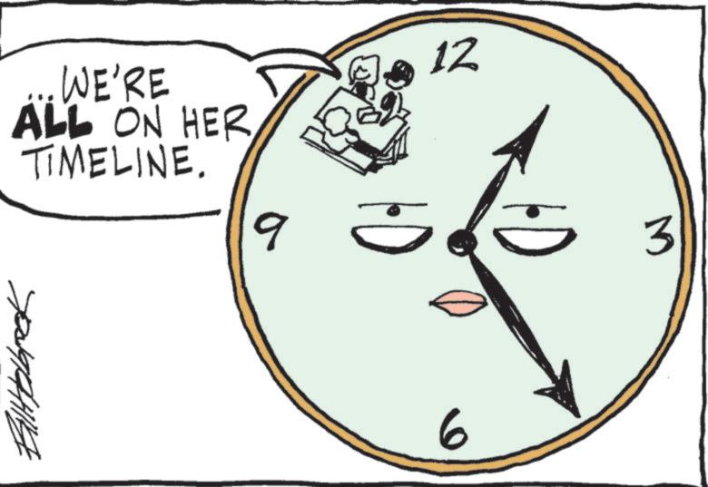 Line art OCR: WE'RE ALL ON HER TIMELINE. 9 12 6 3 WE'RE ALL ON HER TIMELINE . 9 12 6 3