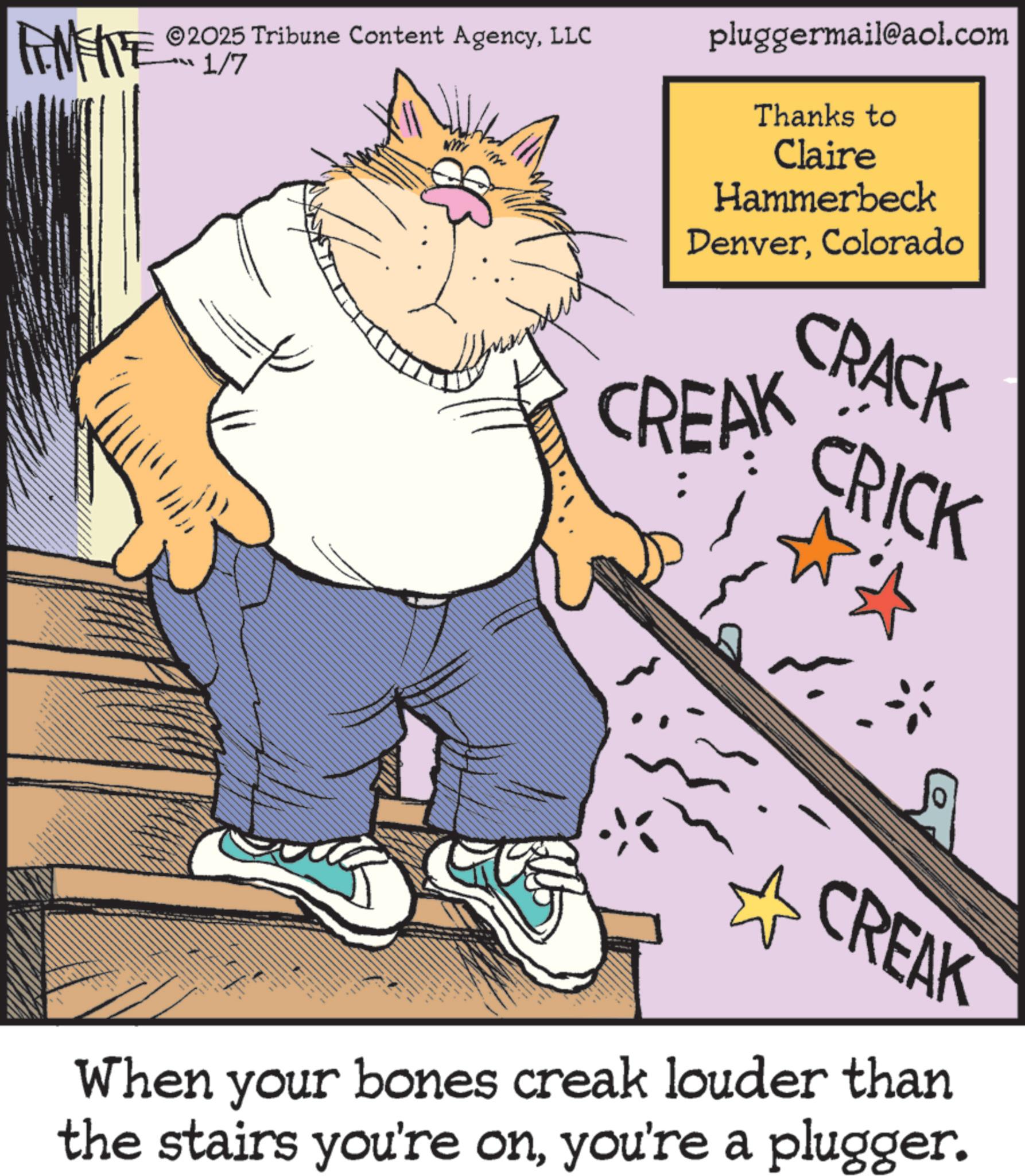 Photo caption OCR: FEMEIE ©2025 Tribune Content AgencyLLC ??? 1/7 ???? wmi pluggermail@aol.com Thanks to Claire Hammerbeck DenverColorado CRACK CREAK CRICK CREAK When your bones creak louder than the stairs you're onyou're a plugger. FEMEIE © 2025 Tribune Content AgencyLLC ??? 1/7 ? ? ? ? wmi pluggermail@aol.com Thanks to Claire Hammerbeck DenverColorado CRACK CREAK CRICK CREAK When your bones creak louder than the stairs you're onyou're a plugger .