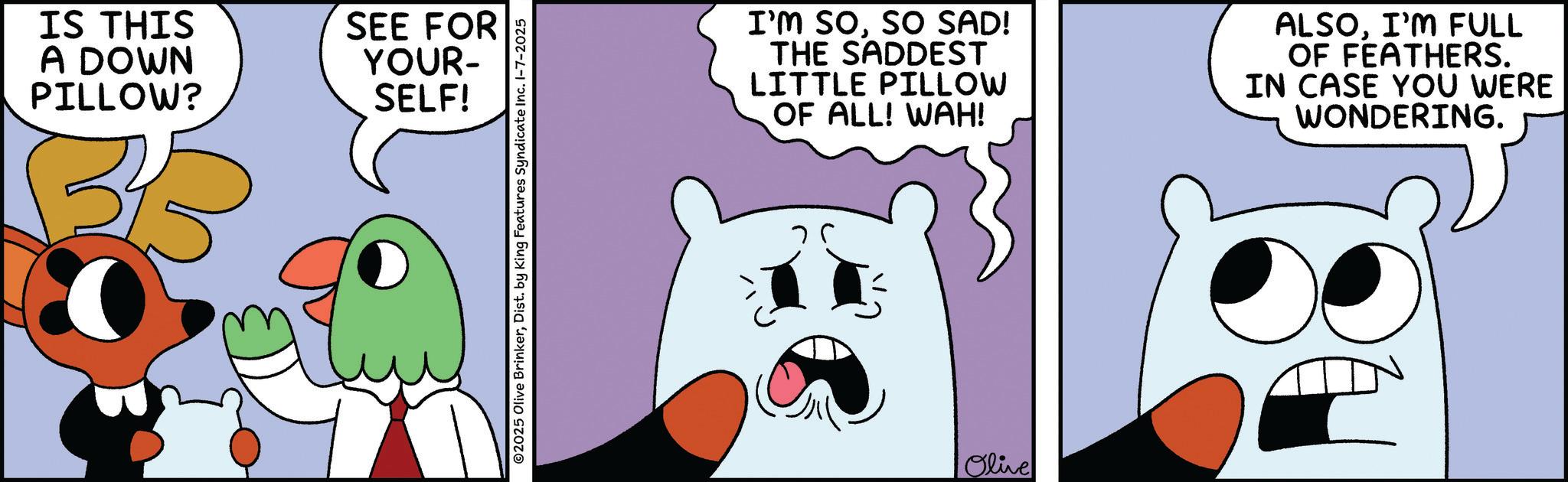 Pleased OCR: IS THIS A DOWN PILLOW? SEE FOR YOUR- SELF! O2025 Olive BrinkerDist. by King Features Syndicate Inc. 1-7-2025 I'M SOSO SAD! THE SADDEST LITTLE PILLOW OF ALL! WAH! ALSOI'M FULL OF FEATHERS. IN CASE YOU WERE WONDERING. 75 Olive IS THIS A DOWN PILLOW ? SEE FOR YOUR- SELF ! O2025 Olive BrinkerDist . by King Features Syndicate Inc. 1-7-2025 I'M SOSO SAD ! THE SADDEST LITTLE PILLOW OF ALL ! WAH ! ALSOI'M FULL OF FEATHERS . IN CASE YOU WERE WONDERING . 75 Olive