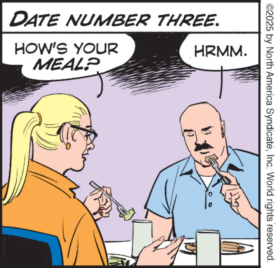 Gesture OCR: DATE NUMBER THREE. HOW'S YOUR MEALP HRMM. ©2025 by North America SyndicateInc. World rights reserved. 0 DATE NUMBER THREE . HOW'S YOUR MEALP HRMM . © 2025 by North America SyndicateInc. World rights reserved . 0