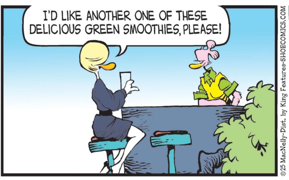 Graphics OCR: I'D LIKE ANOTHER ONE OF THESE DELICIOUS GREEN SMOOTHIESPLEASE! © 25 MacNelly-Dist. by King Features-SHOECOMICS.COM I'D LIKE ANOTHER ONE OF THESE DELICIOUS GREEN SMOOTHIESPLEASE ! © 25 MacNelly - Dist . by King Features-SHOECOMICS.COM