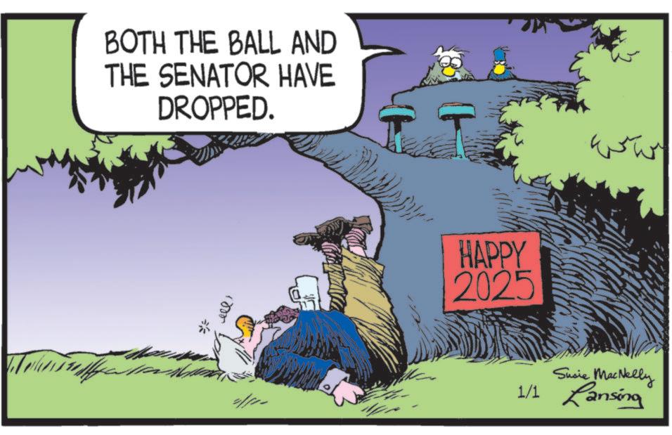 Comics OCR: BOTH THE BALL AND THE SENATOR HAVE DROPPED. 1000 HAPPY 2025 Susie MacNelly 1/1 Lansing BOTH THE BALL AND THE SENATOR HAVE DROPPED . 1000 HAPPY 2025 Susie MacNelly 1/1 Lansing